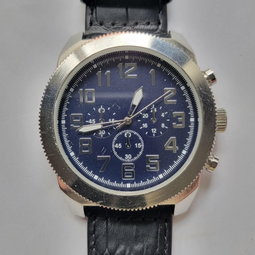 Mens Watch Blue Dial Silver Case Black Leather Strap Quartz Chronograph